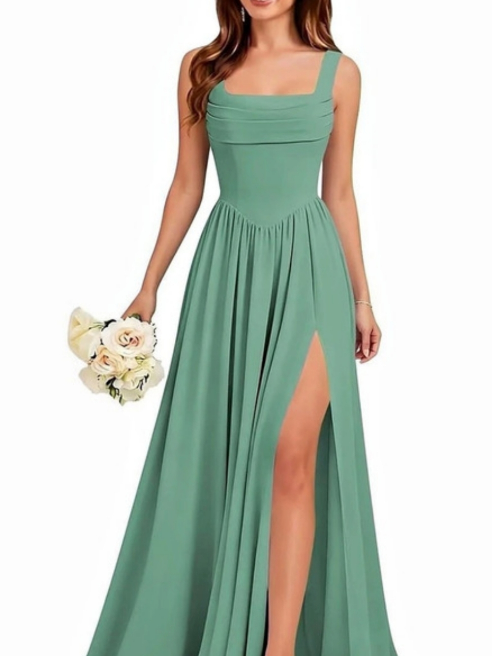 Eucalyptus Green Chiffon Bridesmaid Dress with Slit Back Drape Corset